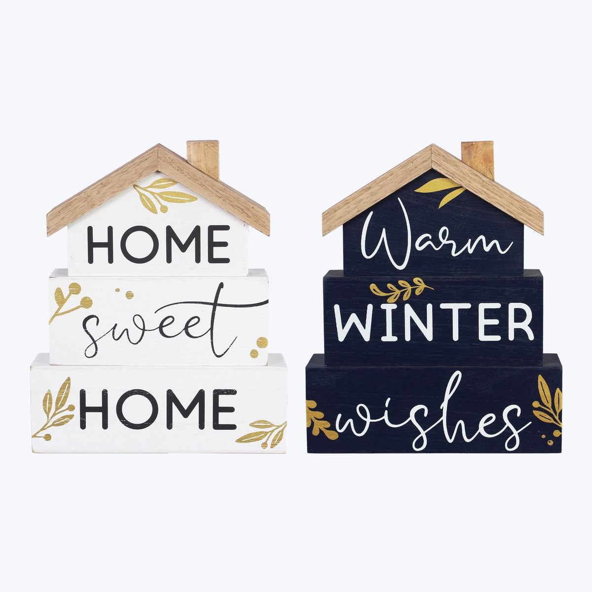 Wood Winter Solstice Stacked Wood House Tabletop Signs 2 Ast