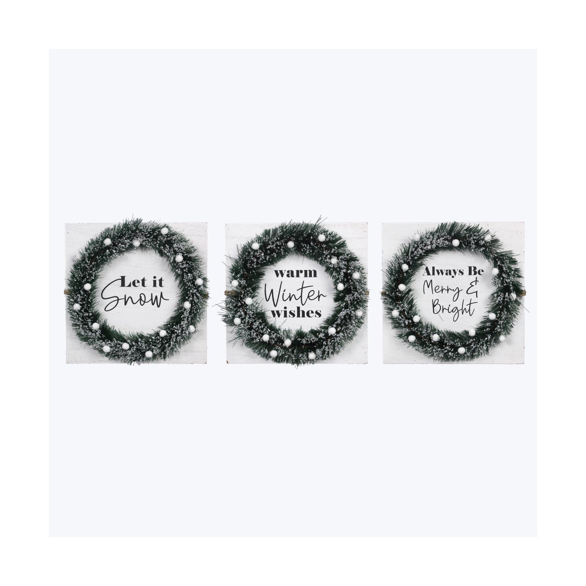 Wood White Winter Snow Box Sign With Artificial Wreath 3 Ast