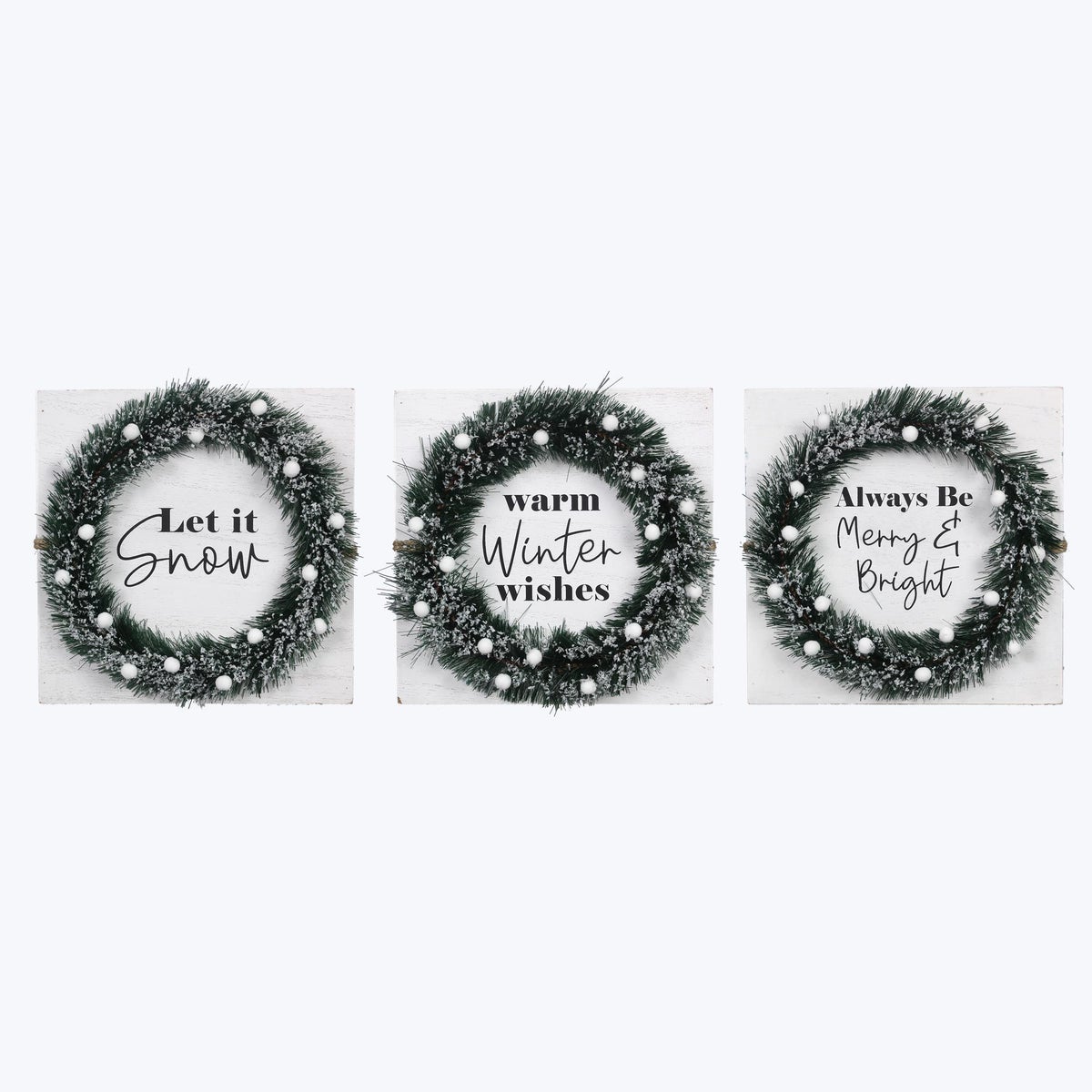 Wood White Winter Snow Box Sign With Artificial Wreath 3 Ast