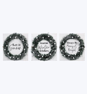 Wood White Winter Snow Box Sign With Artificial Wreath 3 Ast