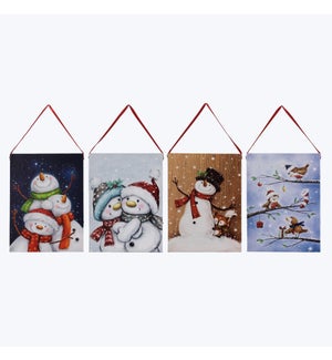 Canvas Light Up Christmas Snowman Scene with Timer. 4 Ast