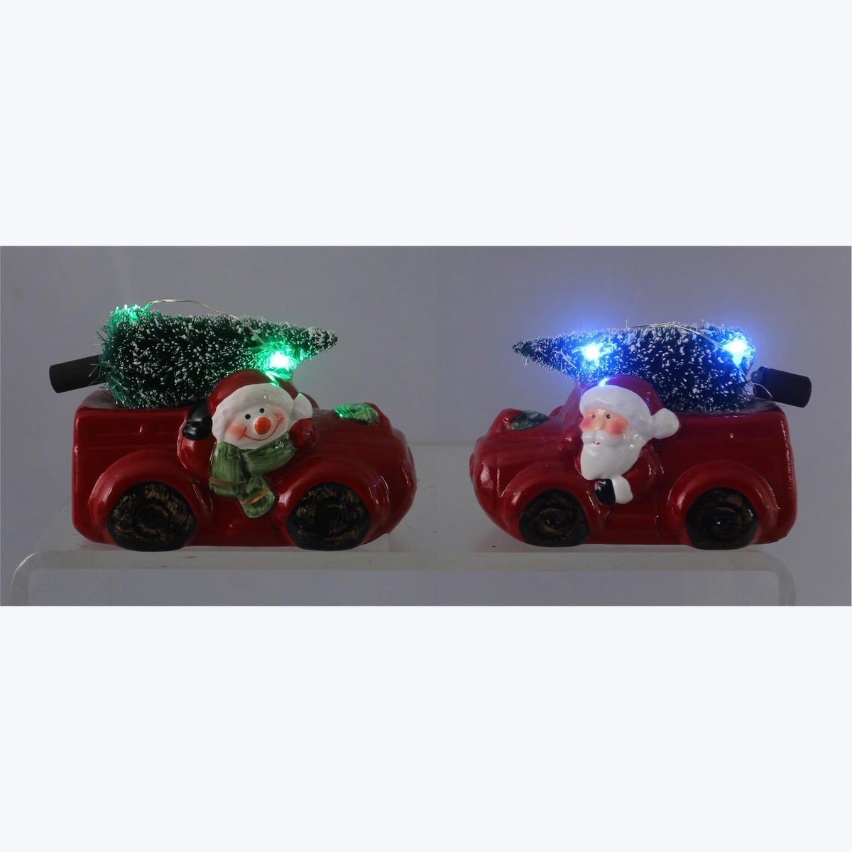 Ceramic Santa and Snowman Truck with LED Christmas Tree, 2 Ast