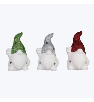 Ceramic LED Gnome Santas, 3 Ast (Red, Silver, Green Hat)