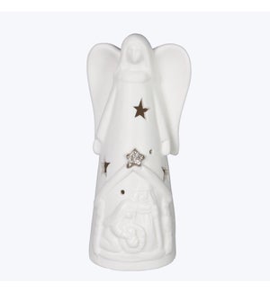 Ceramic Angel on top of Manger Nativity with LED Light