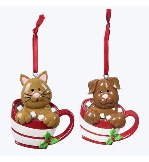 Resin Ornaments - Cat/Dog in Cup, 2 Ast.