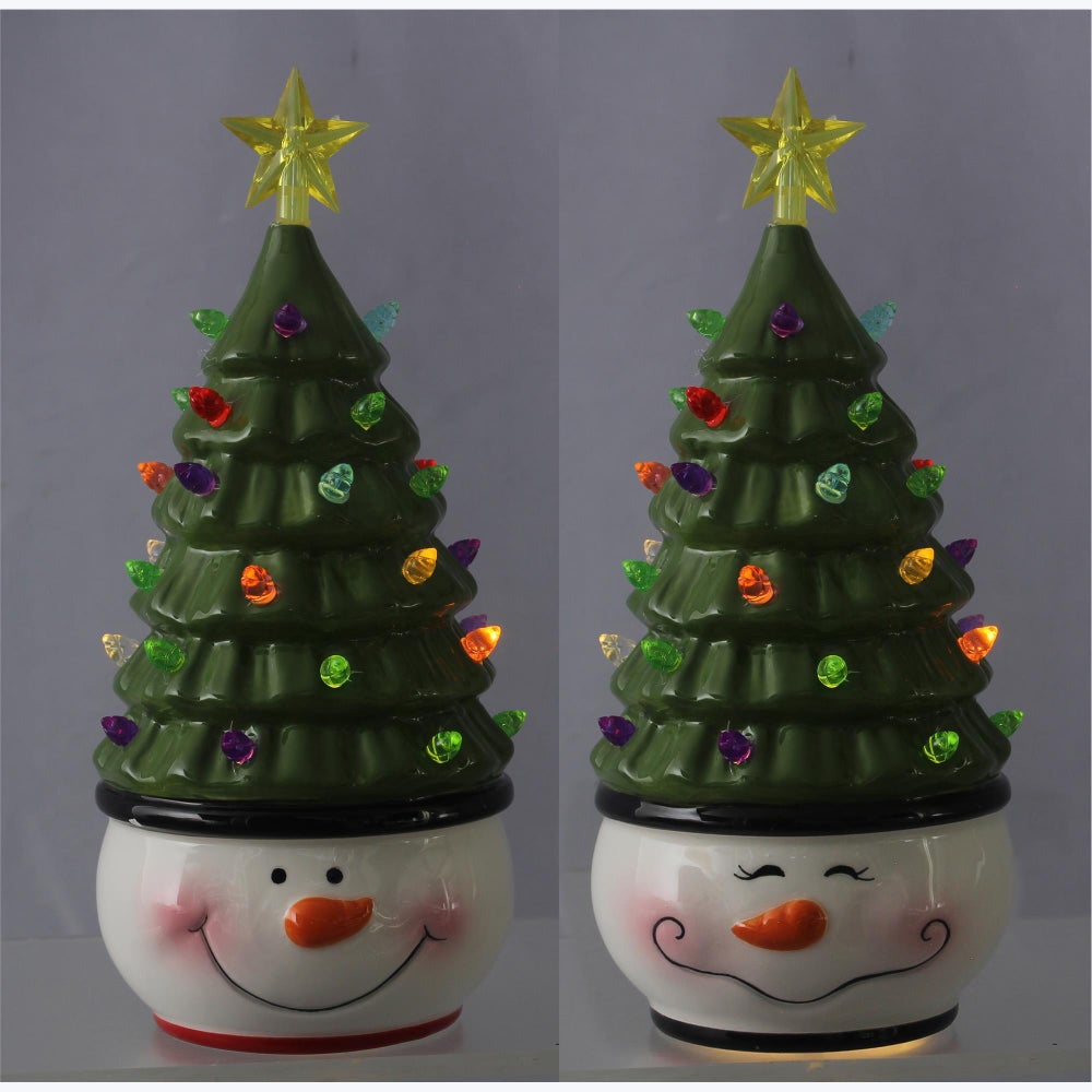 Ceramic Christmas Snowman with Christmas Tree Hat with LED Light, 2