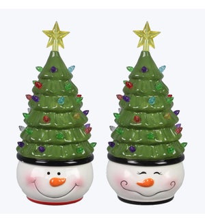 Ceramic Christmas Snowman with Christmas Tree Hat with LED Light,  2 Assorted