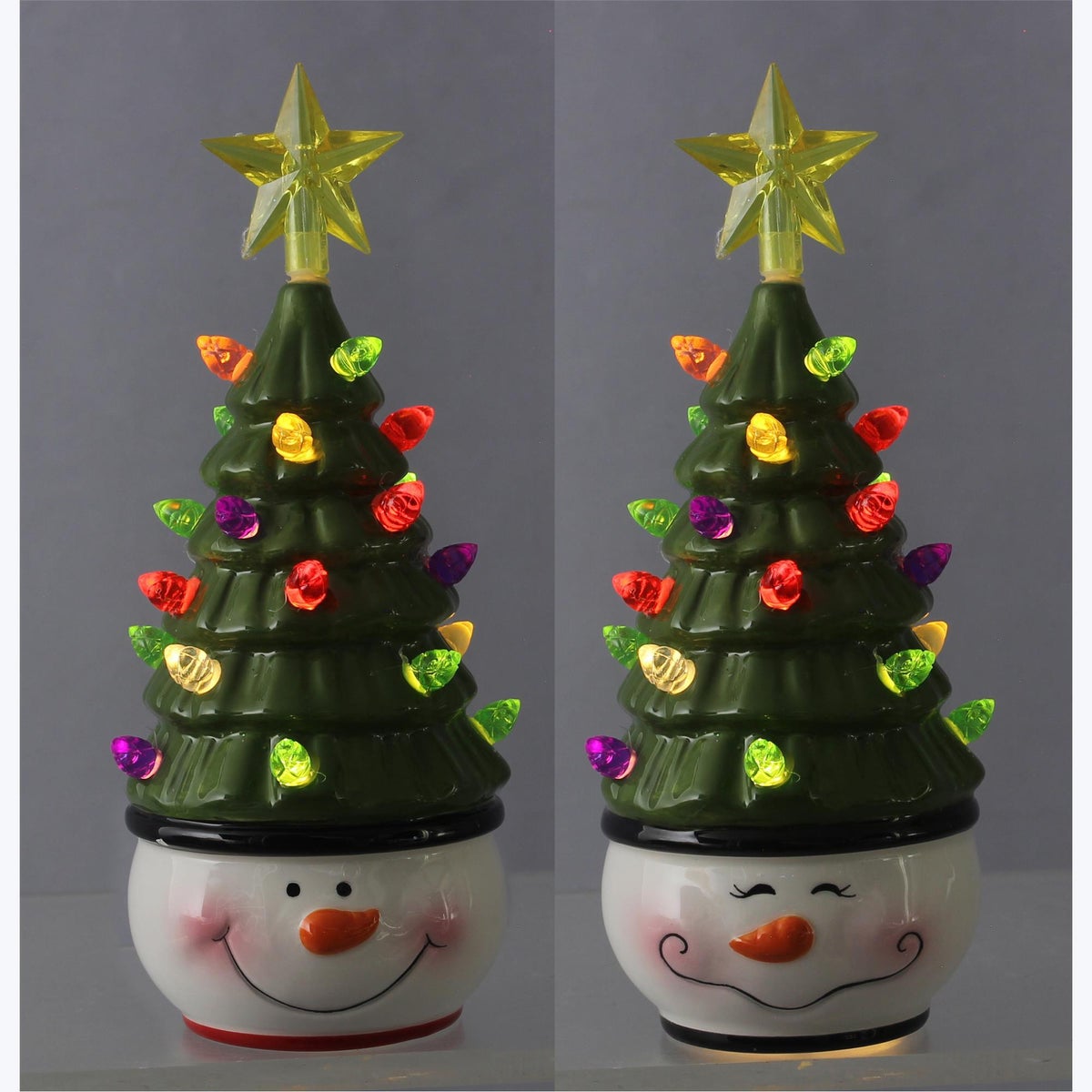 Ceramic Christmas Snowman with Christmas Tree Hat with LED Light 2 Ast