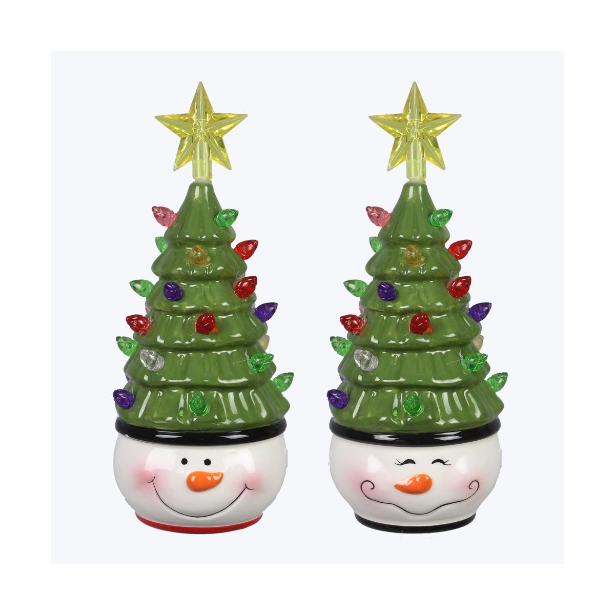 Ceramic Christmas Snowman with Christmas Tree Hat with LED Light 2 Ast