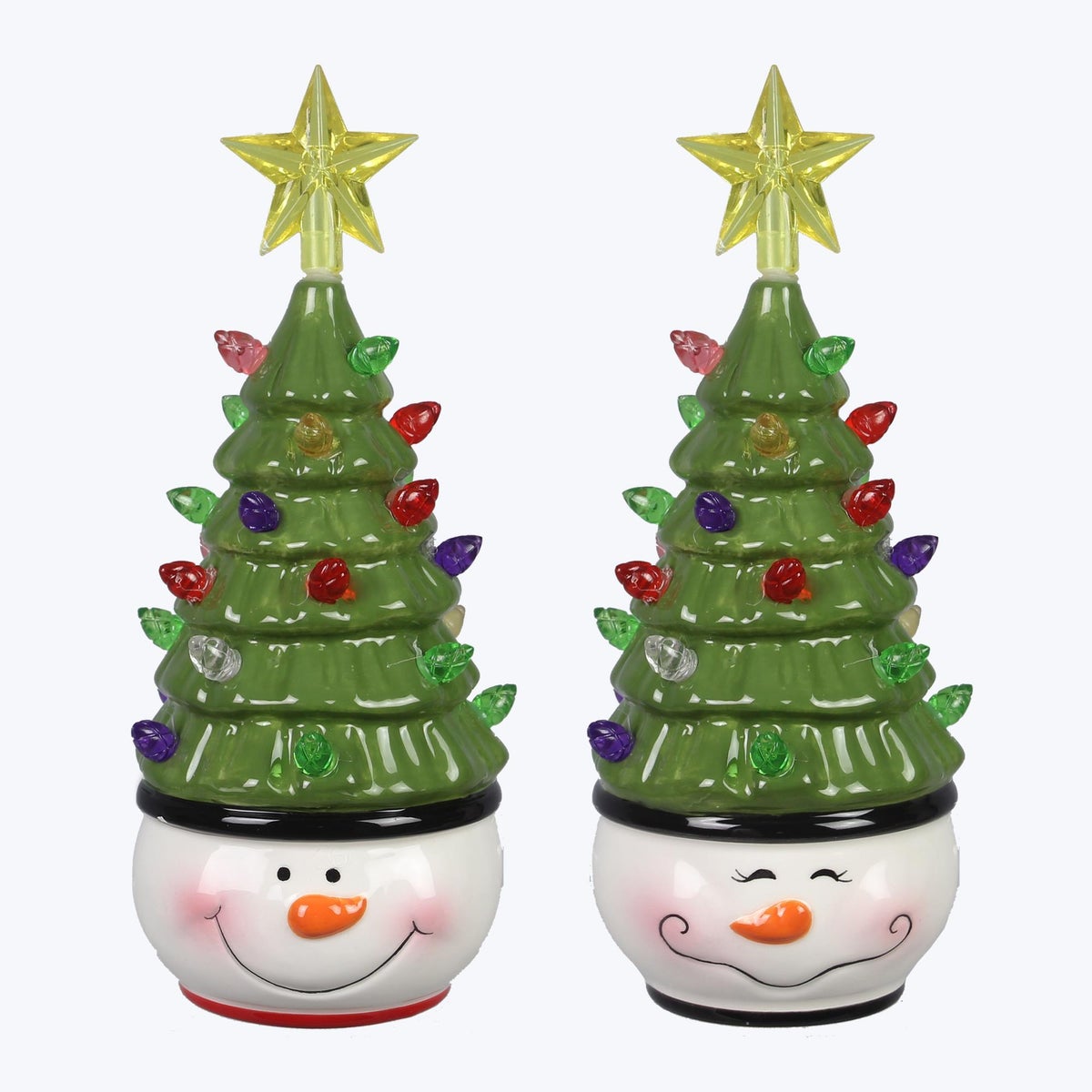 Ceramic Christmas Snowman with Christmas Tree Hat with LED Light 2 Ast