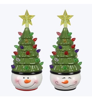 Ceramic Christmas Snowman with Christmas Tree Hat with LED Light, 2 Ast