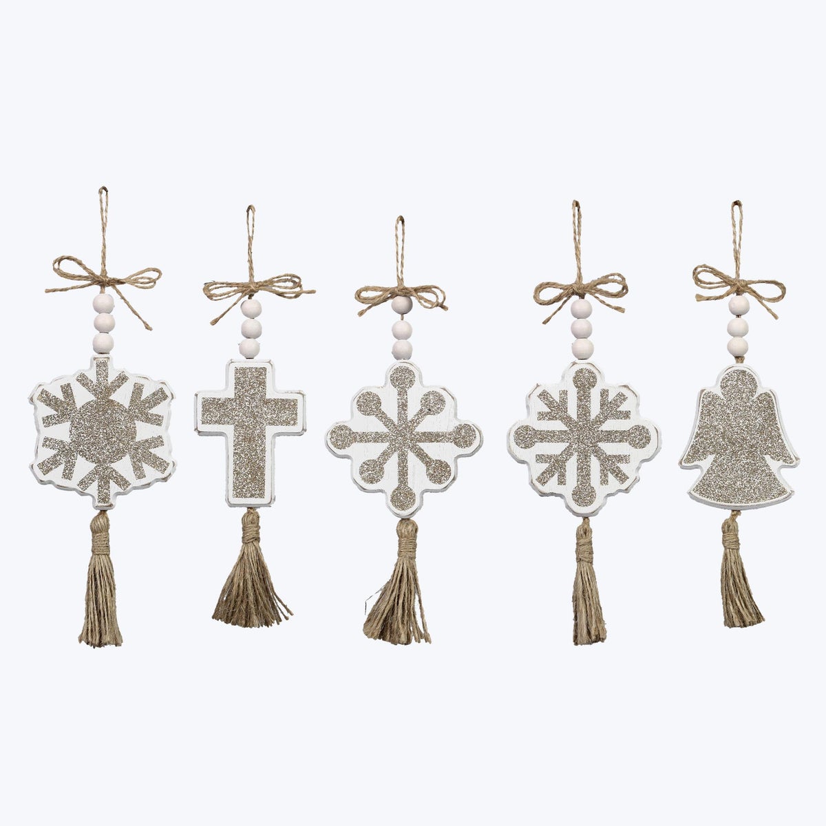 Wood White Winter Snow Ornaments. 5 Assortment
