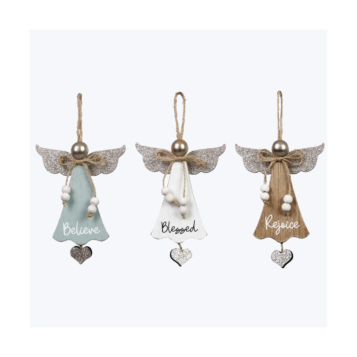Wood White Winter Snow Angels Ornaments 3 Ast