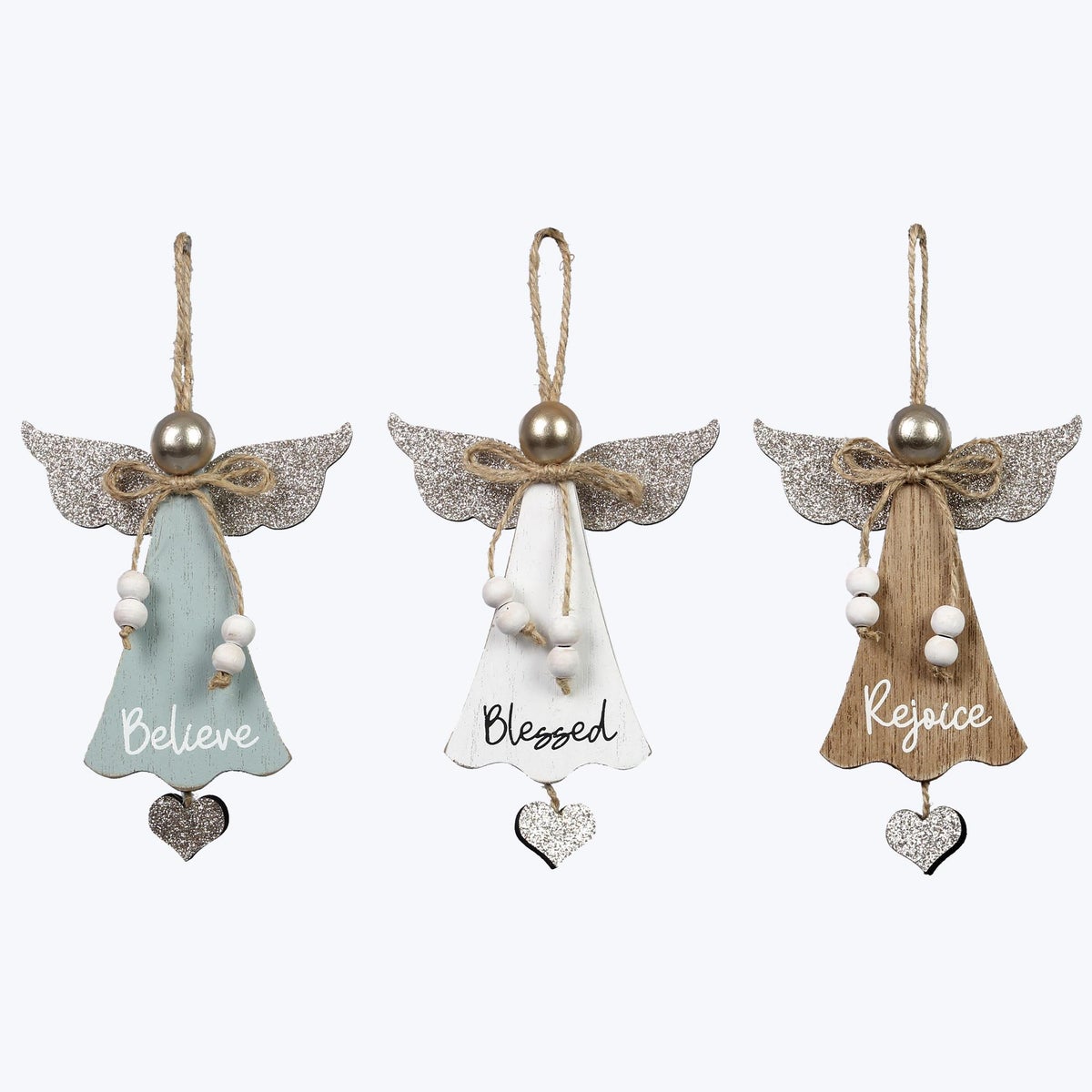 Wood White Winter Snow Angels Ornaments 3 Ast