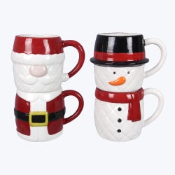 Ceramic Traditional Christmas 2 Pcs Stacked Mug Set, 2 Ast
