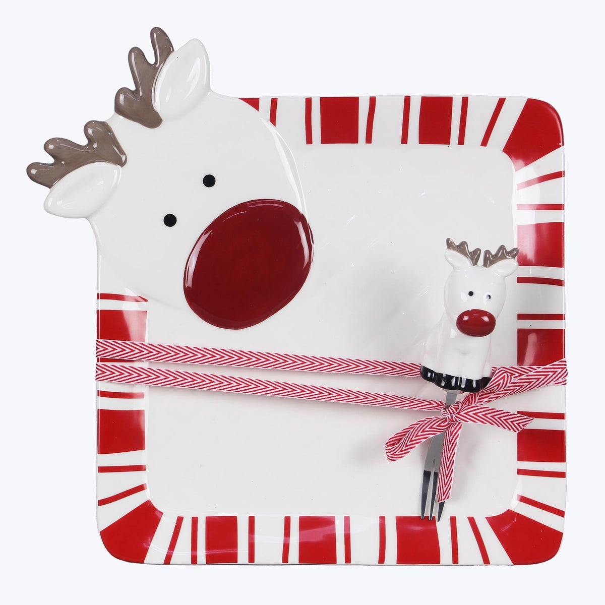 Ceramic Traditional Christmas Snack Plate with Fork Set