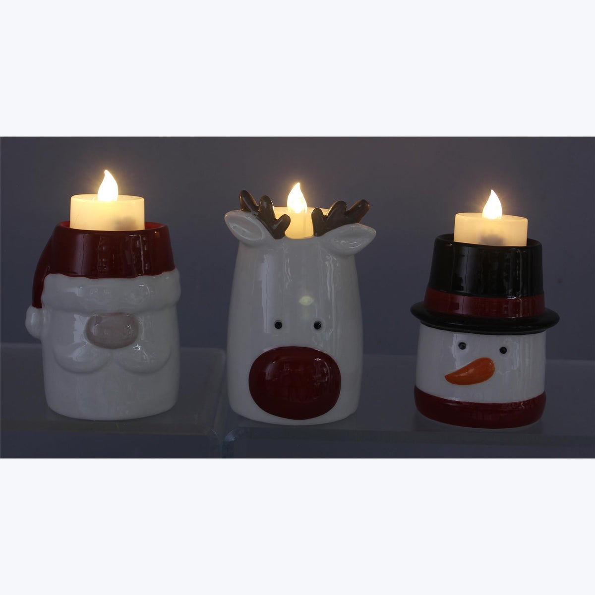 Ceramic Traditional Christmas Tea Light Candle Holder with Tealight, 3 Ast