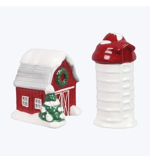 Ceramic Country Christmas Barn Salt and Pepper Set of 2, S/P