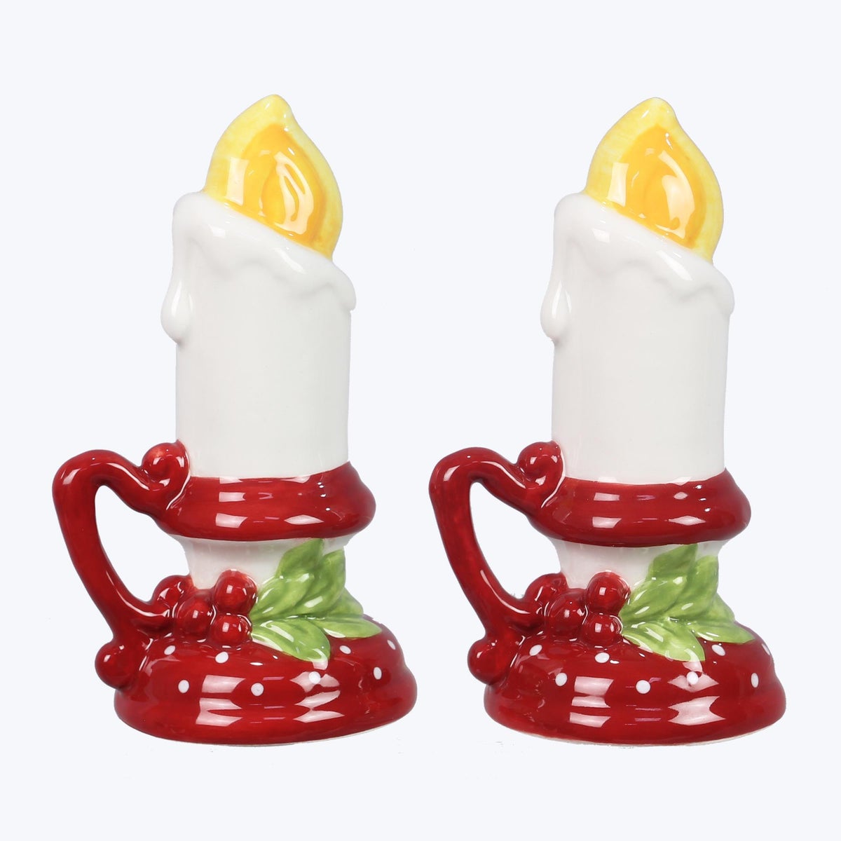 Ceramic Colorful Christmas Candle Stick Salt and Pepper Set. S/P