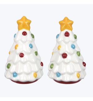 Ceramic Colorful Christmas Tree Shaped Salt and Pepper Set.  S/P