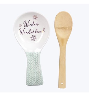 Ceramic Frosty Winter Spoon Rest with Wood Spoon