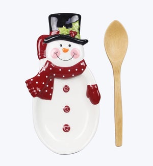 Ceramic Winter Whimsy Snowman Spoon Rest with Wood Spoon