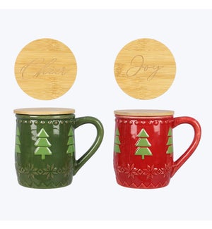 Ceramic Woodland Lodge Mug with wood Lid/Coaster set, 2 Ast.