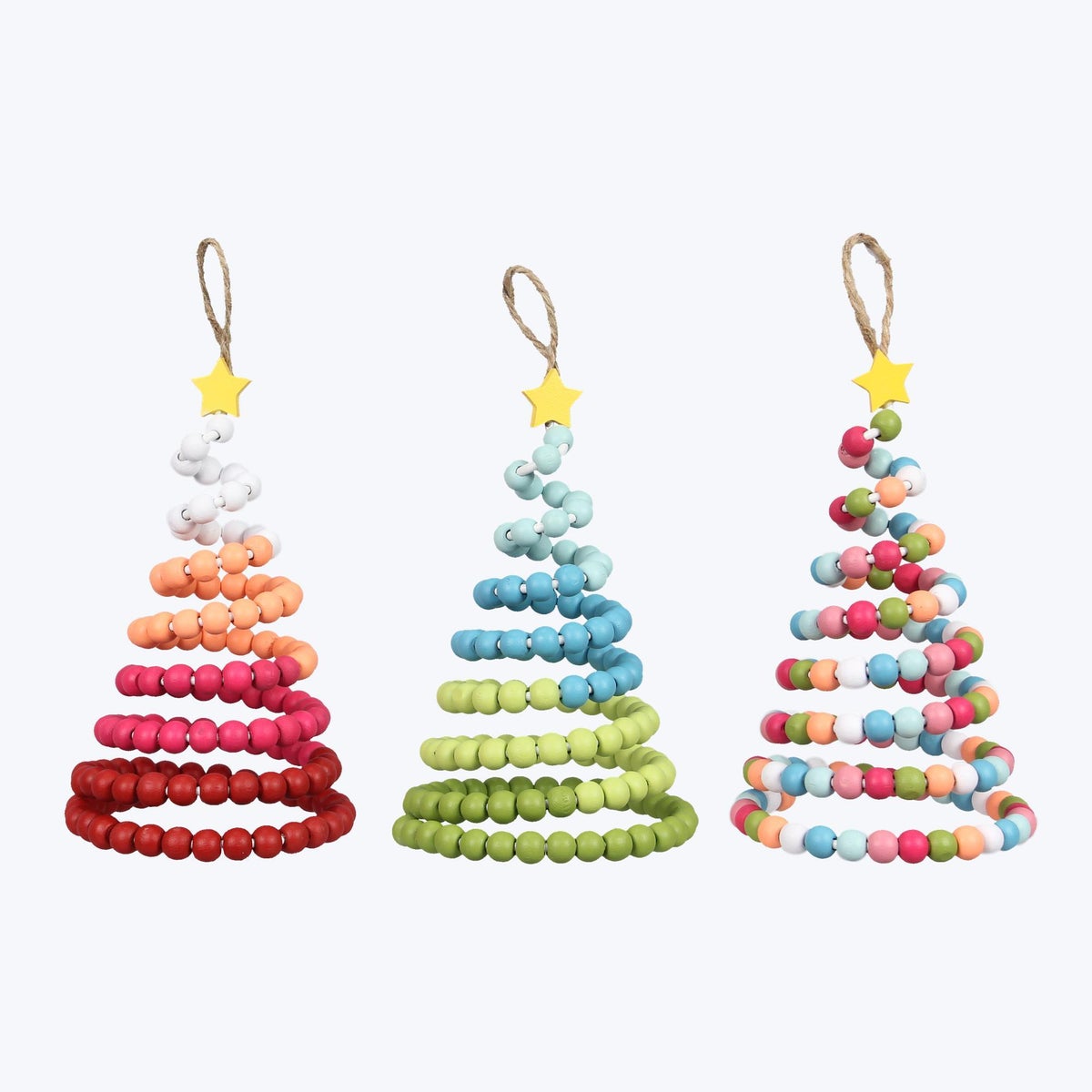 Wood Colorful Christmas Spiral Beaded Hanging Tree Ornament with Star, 3 Ast