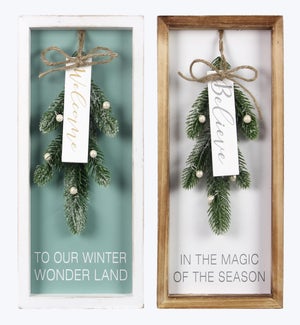 Wood Frosty Winter Wall Sign with Artificial Pine 2 Ast