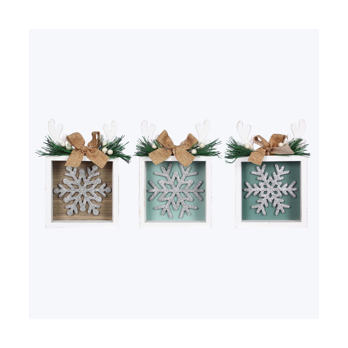 Wood Frosty Winter Tabletop Framed Snowflake Design with Reindeer Antlers 3 Ast