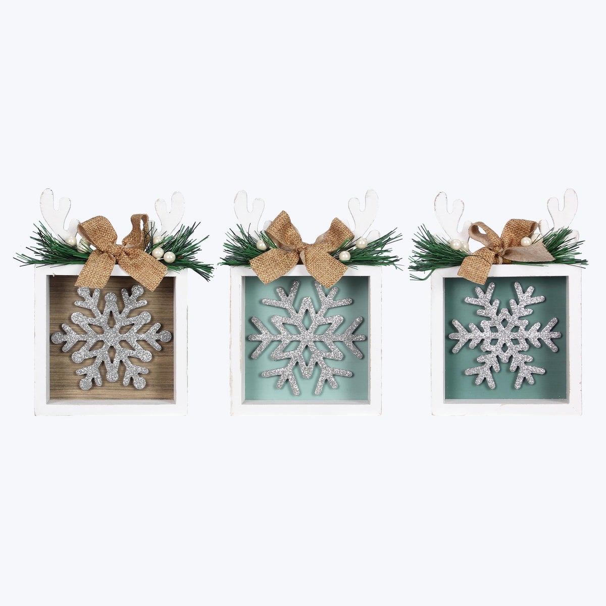 Wood Frosty Winter Tabletop Framed Snowflake Design with Reindeer Antlers 3 Ast