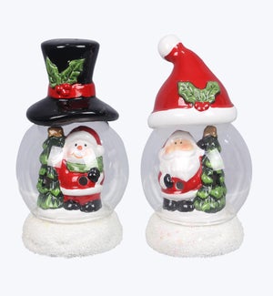 Ceramic Winter Whimsy Santa/Snowman in mini Globe with LED 2 Ast