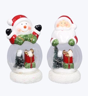 Ceramic Winter Whimsy Santa/Snowman on top of LED Globe 2 Ast