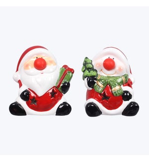 Ceramic Winter Whimsy Santa with LED red Nose, 2 Ast