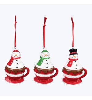 Resin Cocoa and Cookies Snowman in Coffee Cup Christmas Ornaments, 3 Ast.