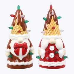 Ceramic Cocoa and Cookies LED Light Gnomes with Waffle Cone Hat, 2 Ast