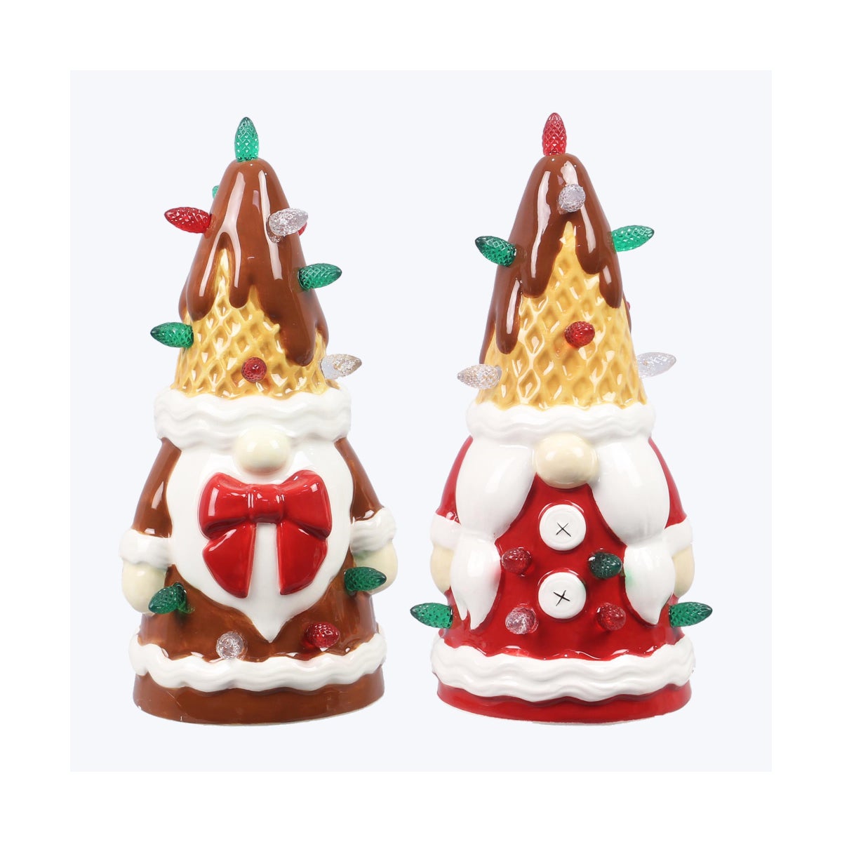 Ceramic Cocoa and Cookies LED Light Gnomes with Waffle Cone Hat, 2 Ast