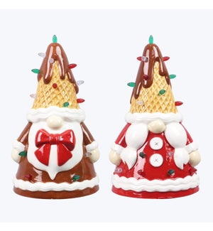 Ceramic Cocoa and Cookies LED Light Gnomes with Waffle Cone Hat, 2 Ast.