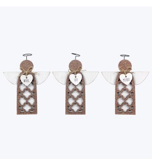Wood Tabletop Angel with Laser Cut Details and Rose Gold Glitters, 3 Ast