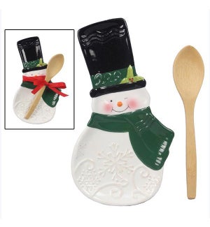 Ceramic Snowman Spoon Rest with Wood Spoon