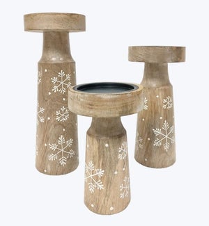 Mango Wood Candle Holder w/ Snowflakes 3/Set