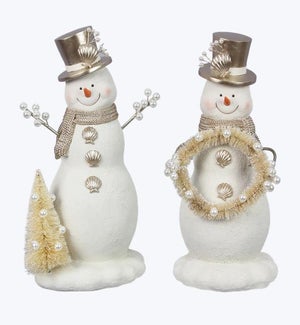 Resin Coastal Snowman w/ Bottle Brush Tree and Wreath 2 Ast