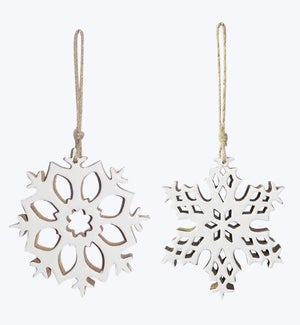 Wood Snowflakes Ornaments w/ Enamel White 2 Ast