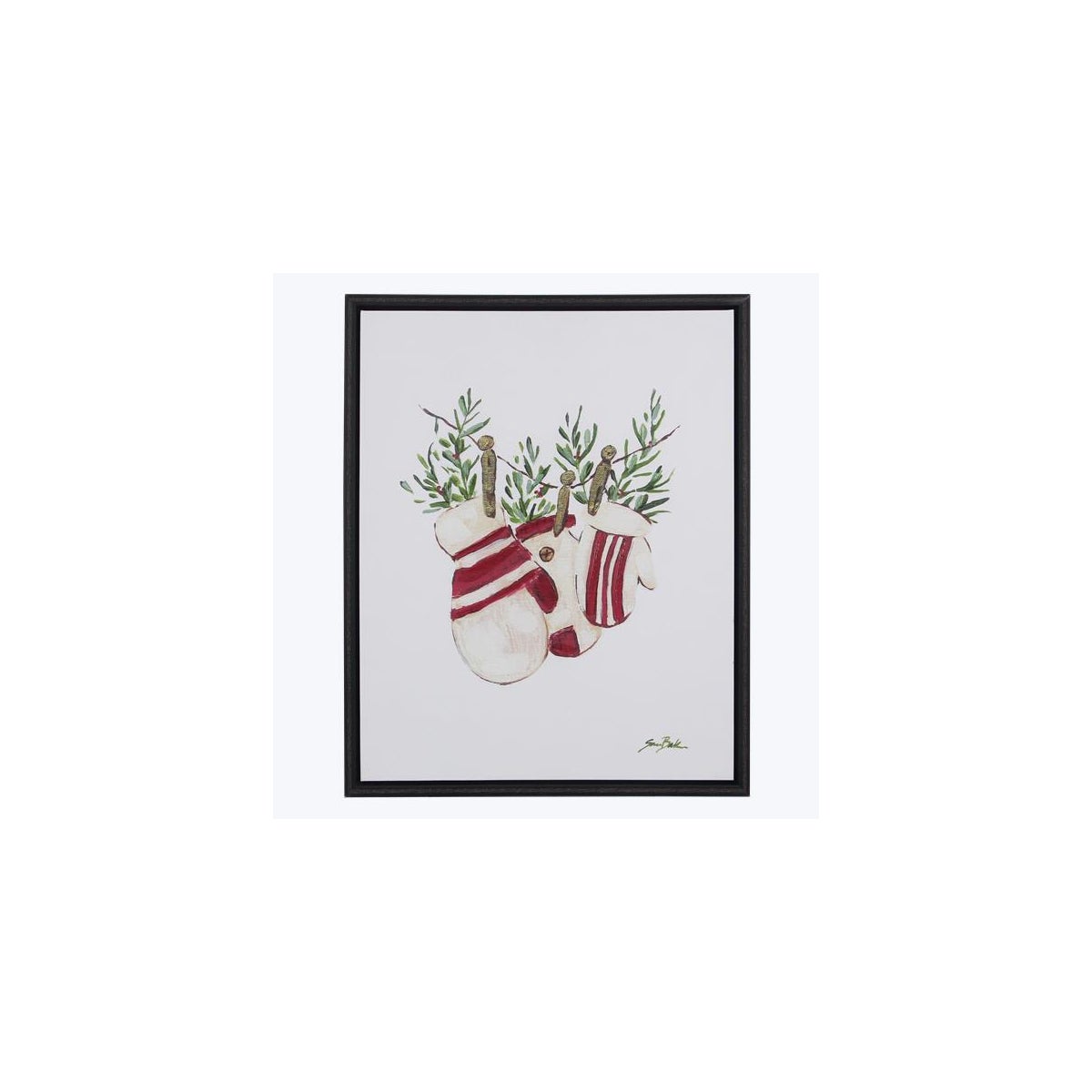 Framed Canvas Christmas Mittens and Pine Wall Sign with Paint Texture