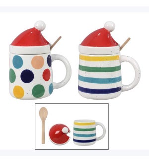 Ceramic Vibrant & Bright Mug w/ Lid & Spoon 2 Ast
