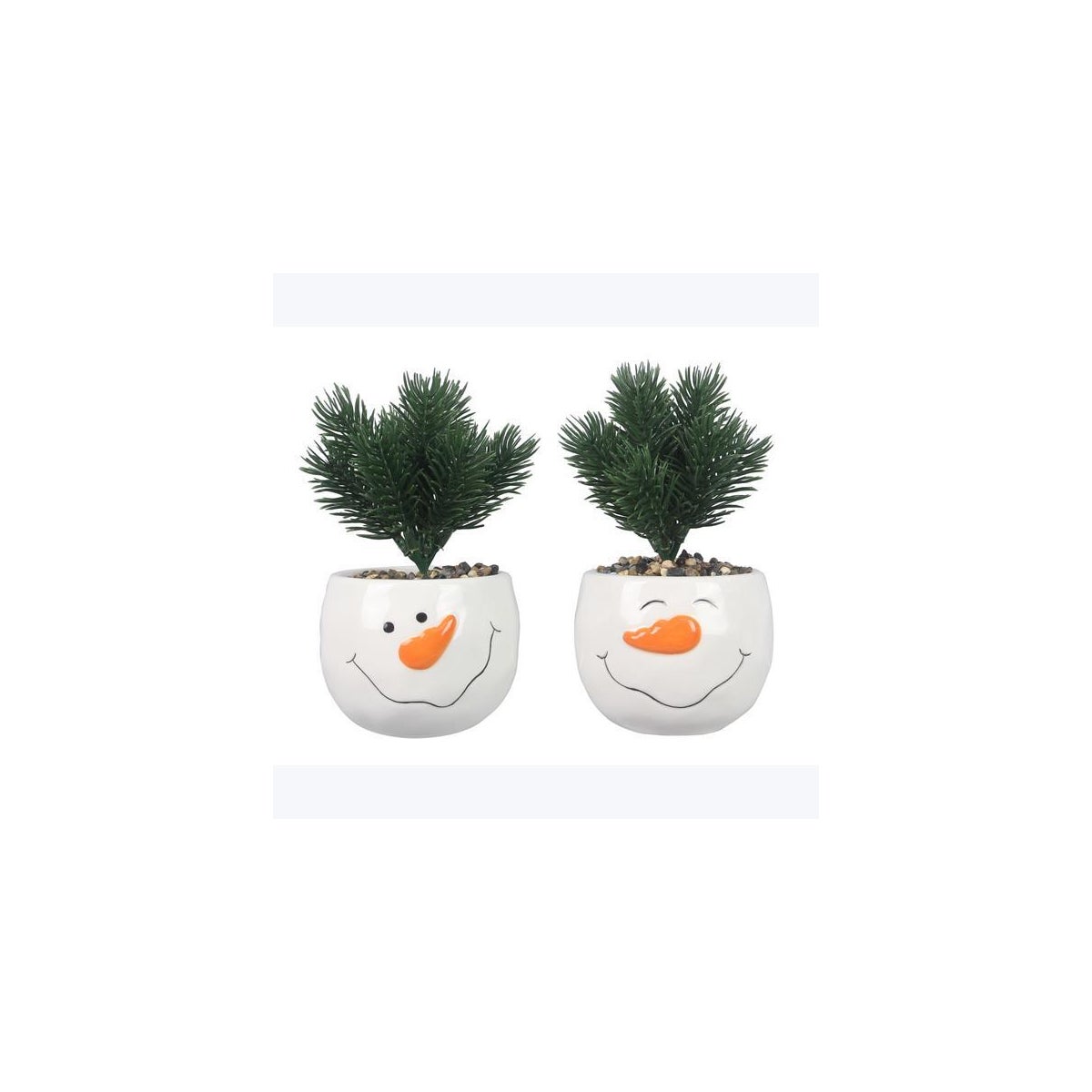 Ceramic Snowman Planter with Artificial Pine 2 Ast