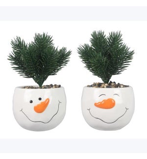 Ceramic Snowman Planter with Artificial Pine 2 Ast