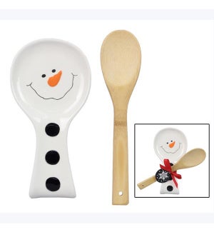 Ceramic Snowman Spoon Rest with Wood Spoon