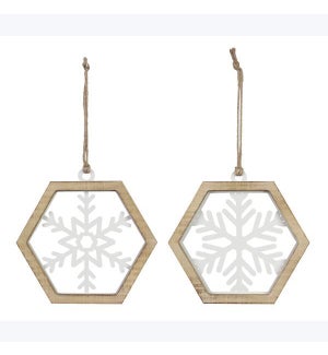 Wood Framed Metal Snowflake Ornament 2 Ast