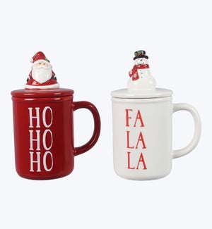 Ceramic Mug with Lid Santa and Snowman 2 Ast